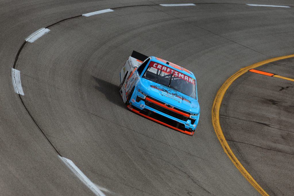 RICHMOND, VIRGINIA - JULY 28: Daniel Dye, driver of the #43 Bull & Boar Barbecue Shop Chevrolet, drives during practice for the NASCAR Craftsman Truck Series Worldwide Express 250 at Richmond Raceway on July 28, 2023 in Richmond, Virginia. (Photo by Jonathan Bachman/Getty Images) | Getty Images