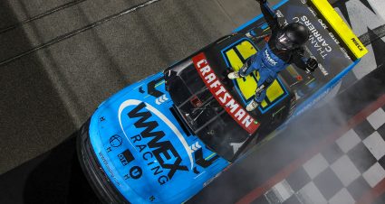 RICHMOND, VIRGINIA - JULY 29: Carson Hocevar, driver of the #42 Worldwide Express Chevrolet, celebrates after winning the NASCAR Craftsman Truck Series Worldwide Express 250 at Richmond Raceway on July 29, 2023 in Richmond, Virginia. (Photo by Jonathan Bachman/Getty Images) | Getty Images