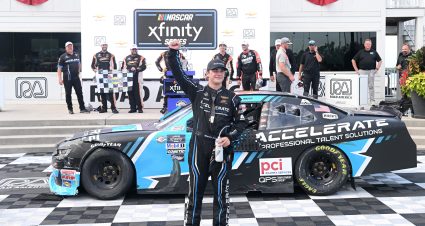 ELKHART LAKE, WISCONSIN - JULY 29: Sam Mayer, driver of the #1 Accelerate Pros Talent Chevrolet, celebrates in victory lane after winning the NASCAR Xfinity Series Road America 180 at Road America on July 29, 2023 in Elkhart Lake, Wisconsin. (Photo by Logan Riely/Getty Images) | Getty Images
