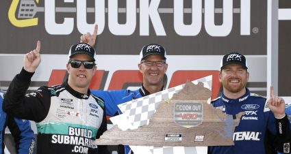RICHMOND, VIRGINIA - JULY 30: RFK Racing co-owner Brad Keselowski, driver of the #6 BuildSubmarines.com Ford, and crew chief Scott Graves celebrate with Chris Buescher, driver of the #17 Fastenal Ford, in victory lane after winning  the NASCAR Cup Series Cook Out 400 at Richmond Raceway on July 30, 2023 in Richmond, Virginia. (Photo by Sean Gardner/Getty Images) | Getty Images