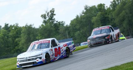 LEXINGTON, OHIO - JULY 07: Landen Lewis, driver of the #04 CarQuest Ford, and Chase Purdy, driver of the #4 Bama Buggies Chevrolet, drive during practice for the NASCAR Craftsman Truck Series O'Reilly Auto Parts 150 at Mid-Ohio Sports Car Course on July 07, 2023 in Lexington, Ohio. (Photo by Meg Oliphant/Getty Images) | Getty Images