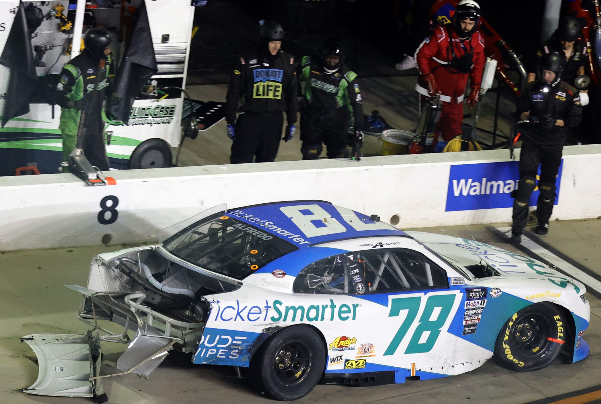 HAMPTON, GEORGIA - JULY 08: Anthony Alfredo, driver of the #78 TicketSmarter Chevrolet, pits a damaged car after an on-track incident during the NASCAR Xfinity Series Alsco Uniforms 250 at Atlanta Motor Speedway on July 08, 2023 in Hampton, Georgia. (Photo by Alex Slitz/Getty Images) | Getty Images