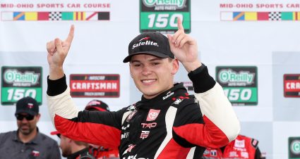 LEXINGTON, OHIO - JULY 08: Corey Heim, driver of the #11 Safelite Toyota, celebrates in victory lane after winning the NASCAR Craftsman Truck Series O'Reilly Auto Parts 150 at Mid-Ohio Sports Car Course on July 08, 2023 in Lexington, Ohio. (Photo by Meg Oliphant/Getty Images) | Getty Images