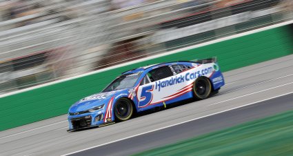 HAMPTON, GEORGIA - JULY 08: Kyle Larson, driver of the #5 HendrickCars.com Chevrolet, drives during qualifying for the NASCAR Cup Series Quaker State 400 Available at Walmart at Atlanta Motor Speedway on July 08, 2023 in Hampton, Georgia. (Photo by Alex Slitz/Getty Images) | Getty Images