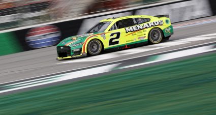 HAMPTON, GEORGIA - JULY 08: Austin Cindric, driver of the #2 Menards/Quaker State Ford, drives during qualifying for the NASCAR Cup Series Quaker State 400 Available at Walmart at Atlanta Motor Speedway on July 08, 2023 in Hampton, Georgia. (Photo by Alex Slitz/Getty Images) | Getty Images