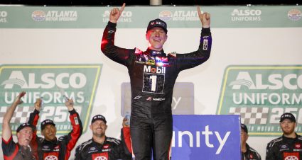 HAMPTON, GEORGIA - JULY 08: John Hunter Nemechek, driver of the #20 Mobil 1 Toyota, celebrates in victory lane after winningthe NASCAR Xfinity Series Alsco Uniforms 250 at Atlanta Motor Speedway on July 08, 2023 in Hampton, Georgia. (Photo by Chris Graythen/Getty Images) | Getty Images