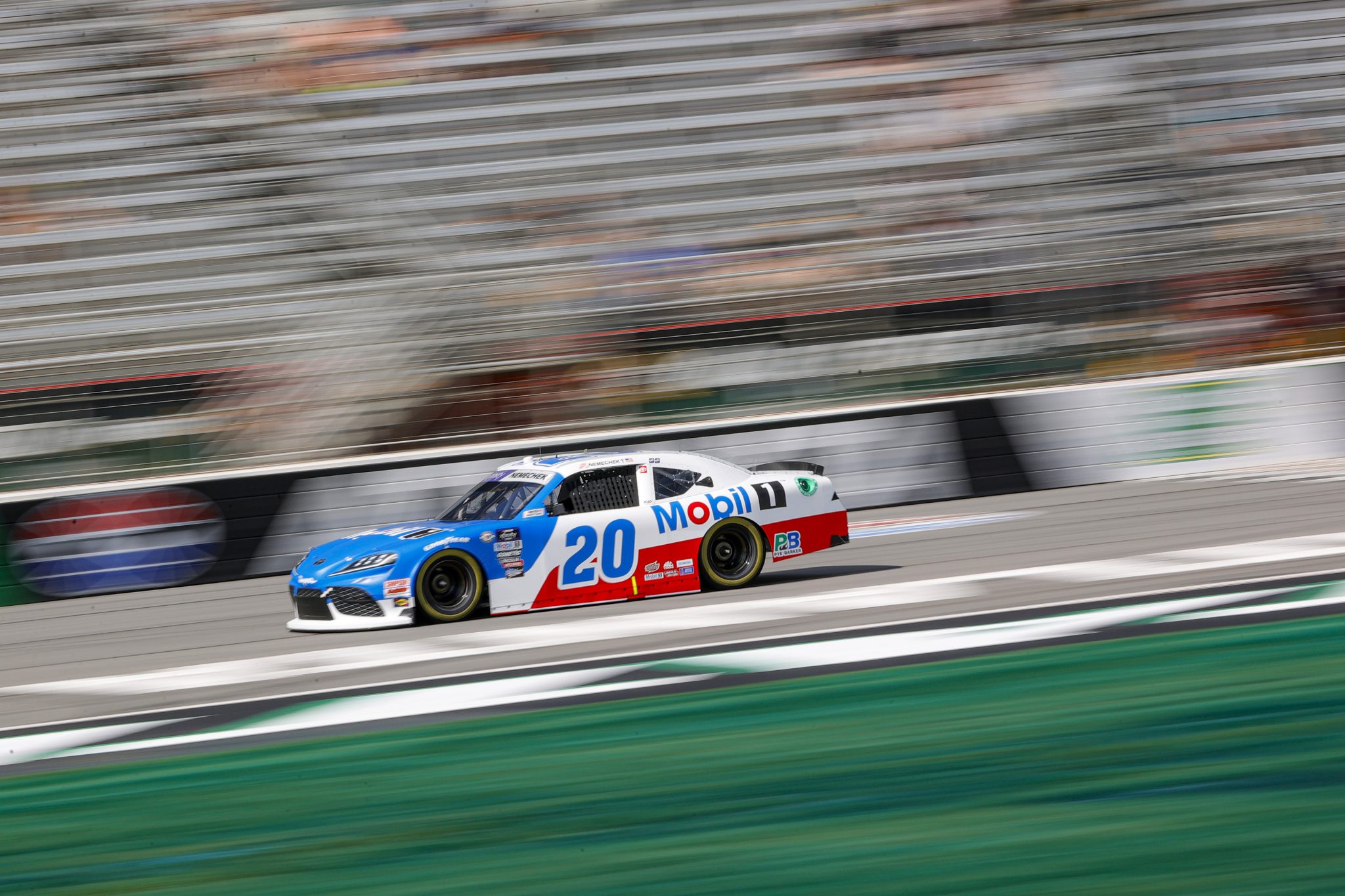 HAMPTON, GEORGIA - JULY 08: John Hunter Nemechek, driver of the #20 Mobil 1 Toyota, drives during qualifying for the NASCAR Xfinity Series Alsco Uniforms 250 at Atlanta Motor Speedway on July 08, 2023 in Hampton, Georgia. (Photo by Alex Slitz/Getty Images) | Getty Images