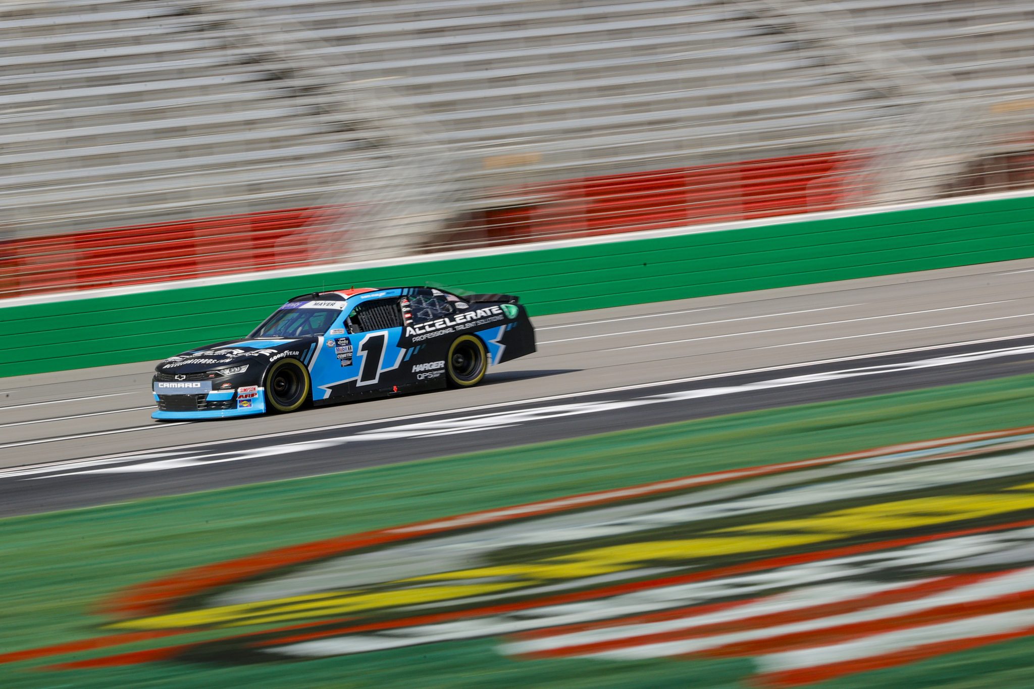 HAMPTON, GEORGIA - JULY 08: Sam Mayer, driver of the #1 Accelerate Pros Talent Chevrolet, drives during qualifying for the NASCAR Xfinity Series Alsco Uniforms 250 at Atlanta Motor Speedway on July 08, 2023 in Hampton, Georgia. (Photo by Alex Slitz/Getty Images) | Getty Images