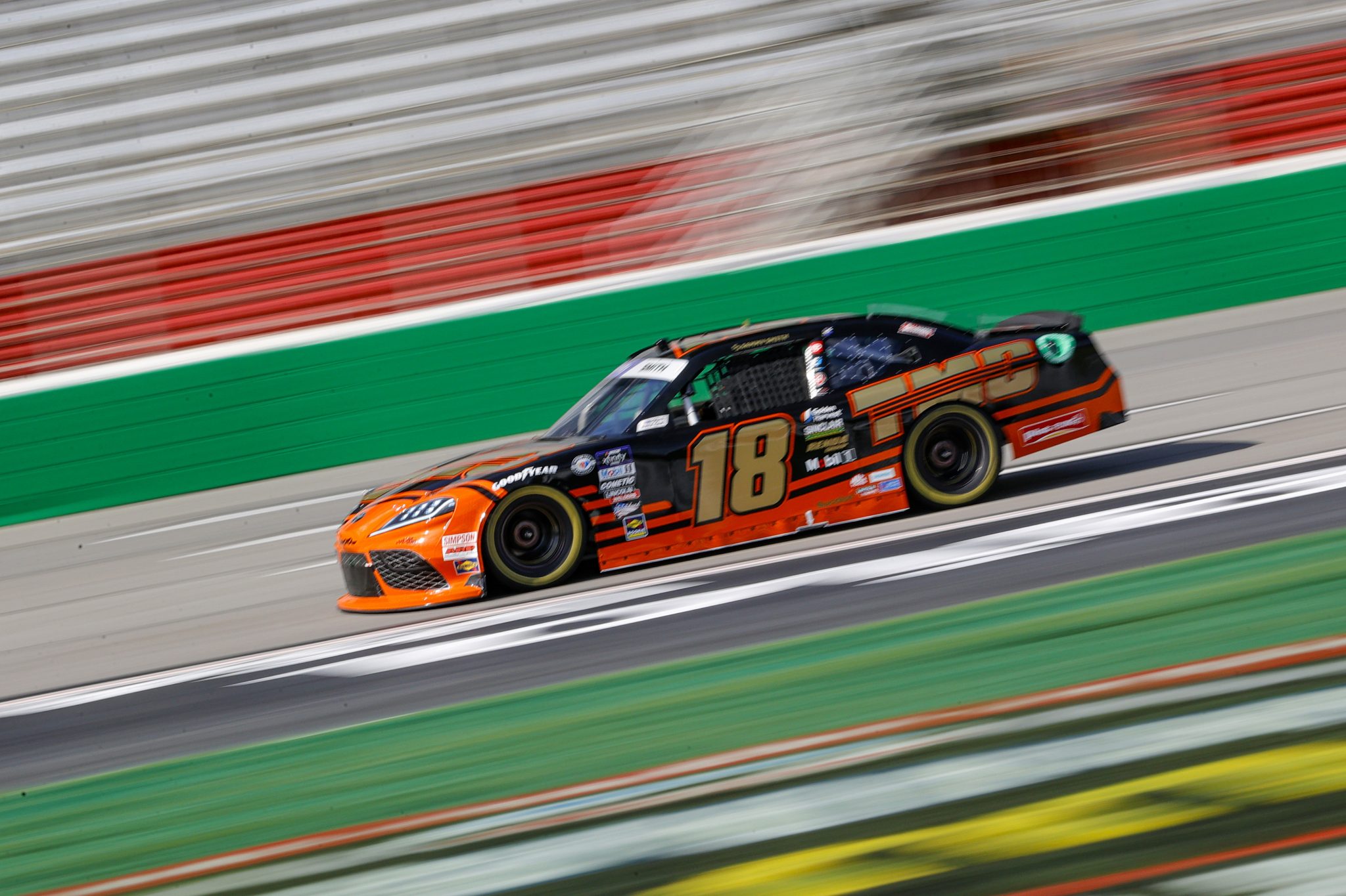 HAMPTON, GEORGIA - JULY 08: Sammy Smith, driver of the #18 TMC Toyota, drives during qualifying for the NASCAR Xfinity Series Alsco Uniforms 250 at Atlanta Motor Speedway on July 08, 2023 in Hampton, Georgia. (Photo by Alex Slitz/Getty Images) | Getty Images