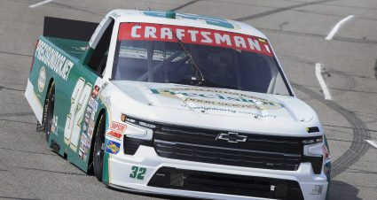 INDIANAPOLIS, INDIANA - AUGUST 11: Bret Holmes, driver of the #32 Precision Garage Doors Chevrolet, drives during practice for the NASCAR Craftsman Truck Series TSport 200 at Indianapolis Raceway Park on August 11, 2023 in Indianapolis, Indiana. (Photo by Justin Casterline/Getty Images) | Getty Images