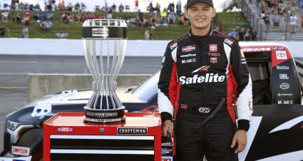 INDIANAPOLIS, INDIANA - AUGUST 11: Corey Heim, driver of the #11 Safelite Toyota, poses with the 2023 NASCAR Craftsman Truck Series Regular Season Championship trophy after being award the title prior to the NASCAR Craftsman Truck Series TSport 200 at Indianapolis Raceway Park on August 11, 2023 in Indianapolis, Indiana. (Photo by Justin Casterline/Getty Images) | Getty Images