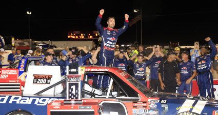INDIANAPOLIS, INDIANA - AUGUST 11: Ty Majeski, driver of the #98 Road Ranger Ford, celebrates in victory lane after winning the NASCAR Craftsman Truck Series TSport 200 at Indianapolis Raceway Park on August 11, 2023 in Indianapolis, Indiana. (Photo by Justin Casterline/Getty Images) | Getty Images