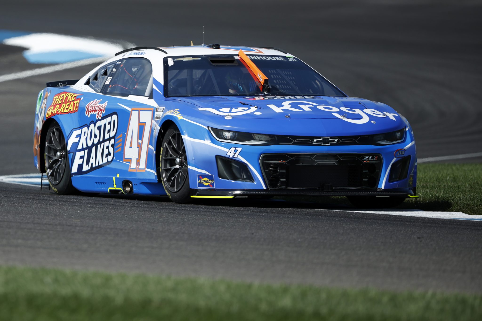 INDIANAPOLIS, INDIANA - AUGUST 12: Ricky Stenhouse Jr., driver of the #47 Kroger/Frosted Flakes Chevrolet, drives during practice for the NASCAR Cup Series Verizon 200 at the Brickyard at Indianapolis Motor Speedway on August 12, 2023 in Indianapolis, Indiana. (Photo by Justin Casterline/Getty Images) | Getty Images