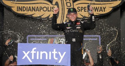 INDIANAPOLIS, INDIANA - AUGUST 12: Ty Gibbs, driver of the #19 He Gets Us Toyota, celebrates in victory lane after winning the NASCAR Xfinity Series Pennzoil 150 at the Brickyard at Indianapolis Motor Speedway on August 12, 2023 in Indianapolis, Indiana. (Photo by Sean Gardner/Getty Images) | Getty Images