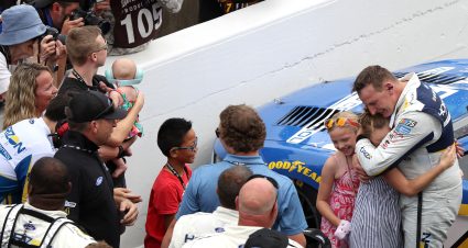 INDIANAPOLIS, INDIANA - AUGUST 13: Michael McDowell, driver of the #34 Horizon Hobby Ford, celebrates with his family after winning the NASCAR Cup Series Verizon 200 at the Brickyard at Indianapolis Motor Speedway on August 13, 2023 in Indianapolis, Indiana. (Photo by Meg Oliphant/Getty Images) | Getty Images