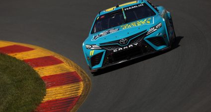 WATKINS GLEN, NEW YORK - AUGUST 19: Denny Hamlin, driver of the #11 Mavis Tires & Brakes Toyota, drives drives during practice for the NASCAR Cup Series Go Bowling at The Glen at The Glen at Watkins Glen International on August 19, 2023 in Watkins Glen, New York. (Photo by Sean Gardner/Getty Images) | Getty Images