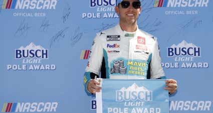 WATKINS GLEN, NEW YORK - AUGUST 19: Denny Hamlin, driver of the #11 Mavis Tires & Brakes Toyota, poses for photos after winning the pole award during qualifying for the NASCAR Cup Series Go Bowling at The Glen at Watkins Glen International on August 19, 2023 in Watkins Glen, New York. (Photo by Chris Graythen/Getty Images) | Getty Images