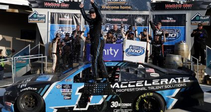 WATKINS GLEN, NEW YORK - AUGUST 19: Sam Mayer, driver of the #1 Accelerate Pros Talent Chevrolet, celebrates in victory lane after winning the NASCAR Xfinity Series Shriners Children's 200 at The Glen at Watkins Glen International on August 19, 2023 in Watkins Glen, New York. (Photo by Chris Graythen/Getty Images) | Getty Images