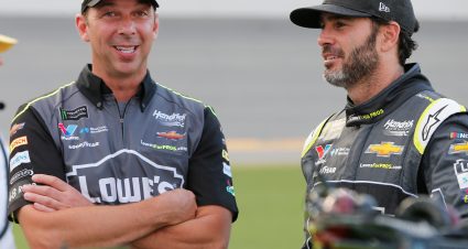 DAYTONA BEACH, FL - JULY 07:  Jimmie Johnson, driver of the #48 Lowe's for Pros Chevrolet, talks with his crew chief, Chad Knaus, during the Monster Energy NASCAR Cup Series Coke Zero Sugar 400 at Daytona International Speedway on July 7, 2018 in Daytona Beach, Florida.  (Photo by Brian Lawdermilk/Getty Images) | Getty Images