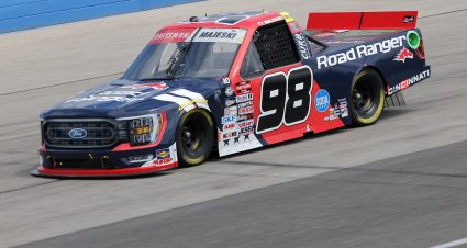 WEST ALLIS, WISCONSIN - AUGUST 26: Ty Majeski, driver of the #98 Road Ranger Ford, drives during practice for the NASCAR Craftsman Truck Series Clean Harbors 175 at The Milwaukee Mile on August 26, 2023 in West Allis, Wisconsin. (Photo by Jonathan Bachman/Getty Images) | Getty Images