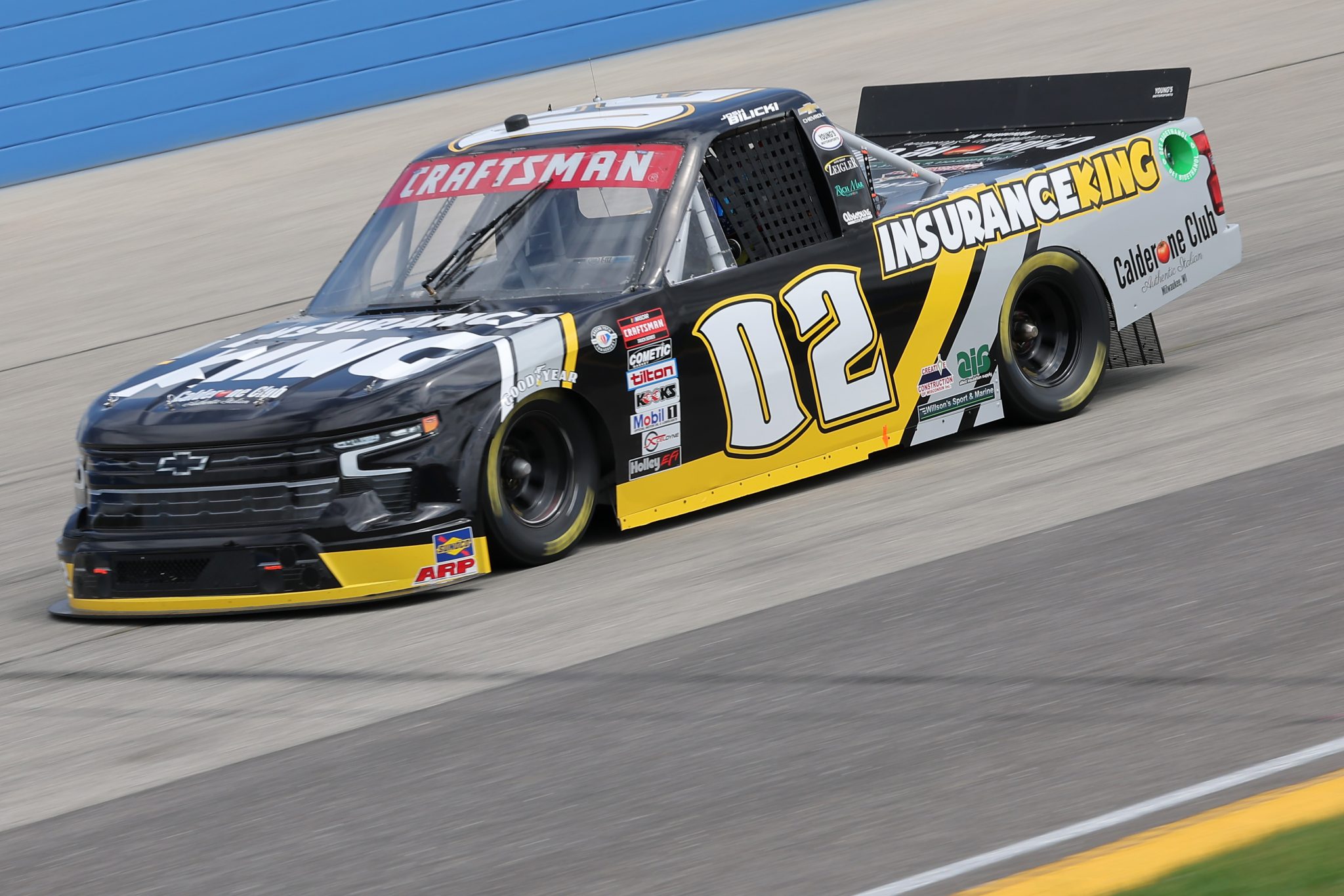 WEST ALLIS, WISCONSIN - AUGUST 26: Josh Bilicki, driver of the #02 Insurance King Chevrolet, drives during practice for the NASCAR Craftsman Truck Series Clean Harbors 175 at The Milwaukee Mile on August 26, 2023 in West Allis, Wisconsin. (Photo by Jonathan Bachman/Getty Images) | Getty Images