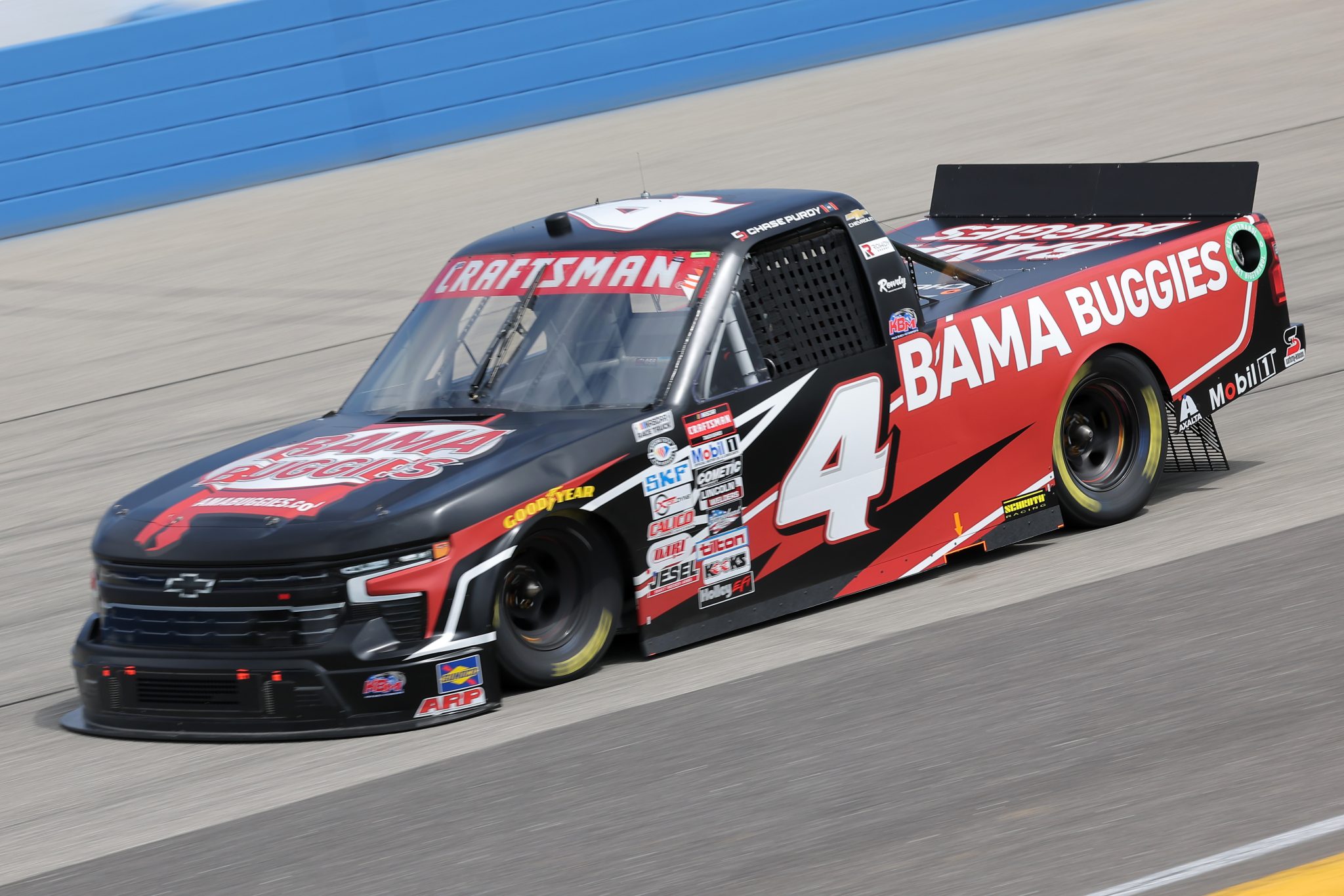 WEST ALLIS, WISCONSIN - AUGUST 26: Chase Purdy, driver of the #4 Bama Buggies Chevrolet, drives during practice for the NASCAR Craftsman Truck Series Clean Harbors 175 at The Milwaukee Mile on August 26, 2023 in West Allis, Wisconsin. (Photo by Jonathan Bachman/Getty Images) | Getty Images