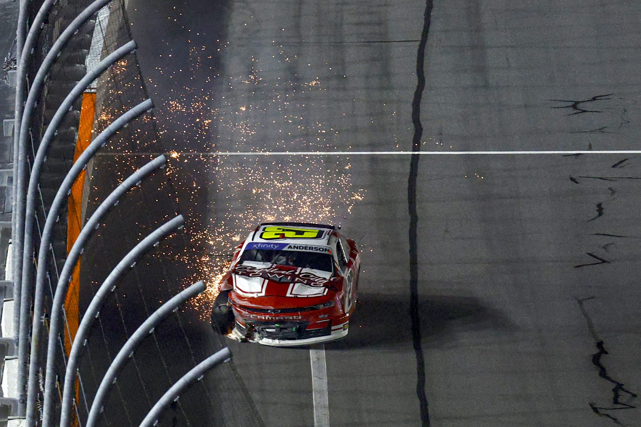 DAYTONA BEACH, FLORIDA - AUGUST 25: Jordan Anderson, driver of the #27 Capital City Towing Chevrolet, spins after an on-track incident during the NASCAR Xfinity Series Wawa 250 powered by Coca-Cola at Daytona International Speedway on August 25, 2023 in Daytona Beach, Florida. (Photo by Sean Gardner/Getty Images) | Getty Images
