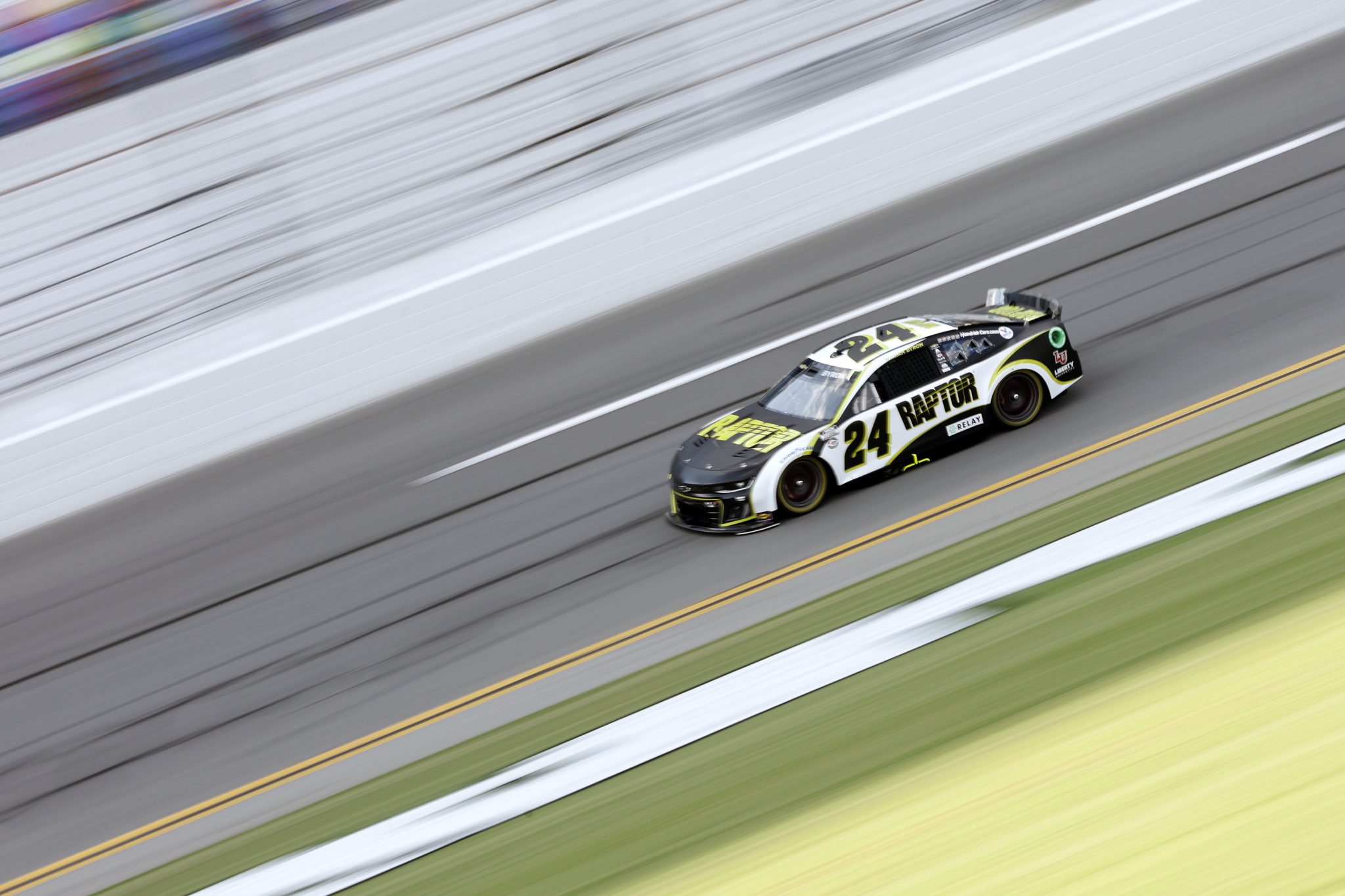 DAYTONA BEACH, FLORIDA - AUGUST 25: William Byron, driver of the #24 RaptorTough.com Chevrolet, drives during qualifying for the NASCAR Cup Series Coke Zero Sugar 400 at Daytona International Speedway on August 25, 2023 in Daytona Beach, Florida. (Photo by Sean Gardner/Getty Images) | Getty Images