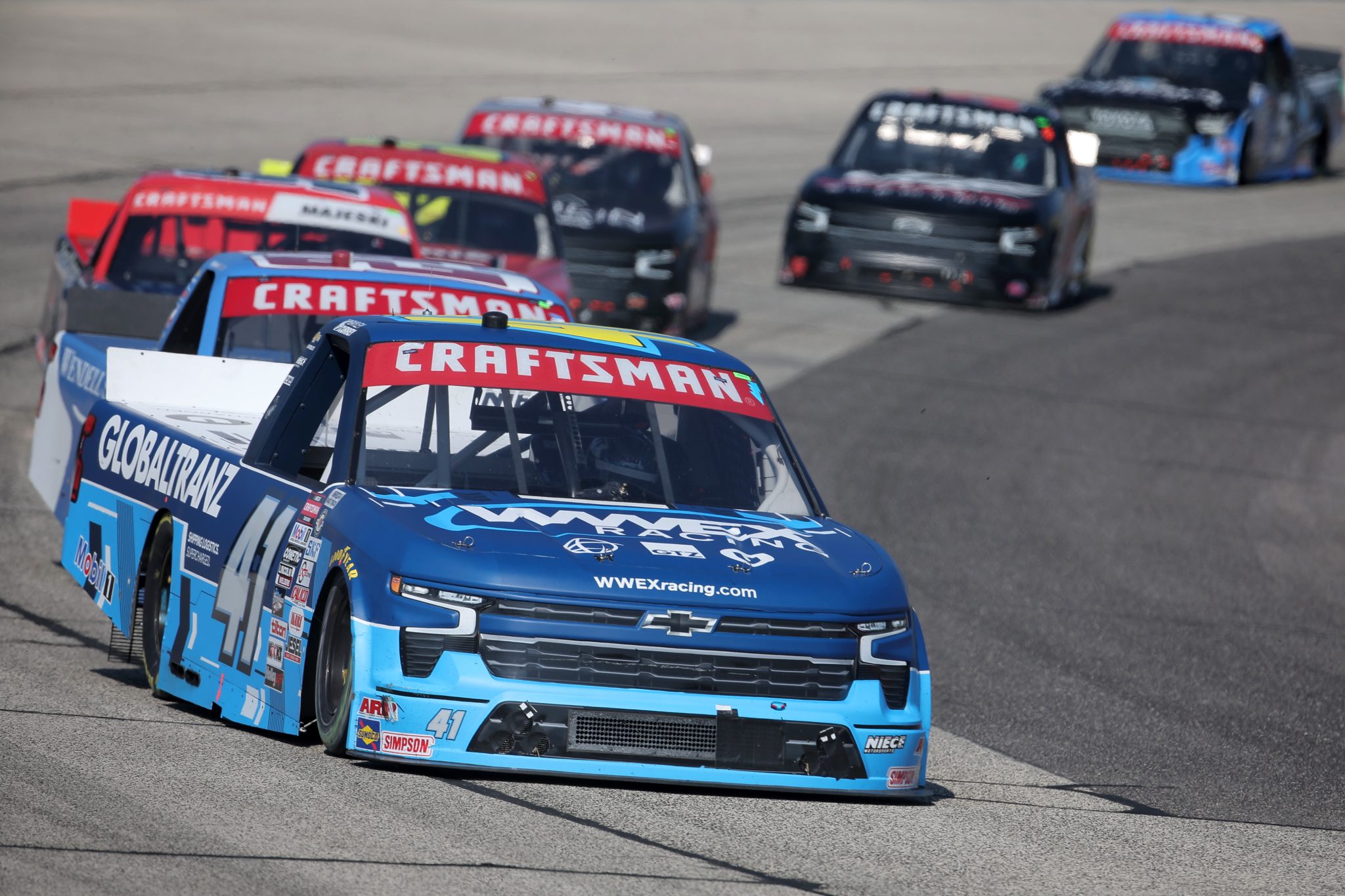 WEST ALLIS, WISCONSIN - AUGUST 27: Bayley Currey, driver of the #41 GlobalTranz Chevrolet, drives during the NASCAR Craftsman Truck Series Clean Harbors 175 at The Milwaukee Mile on August 27, 2023 in West Allis, Wisconsin. (Photo by Jonathan Bachman/Getty Images) | Getty Images