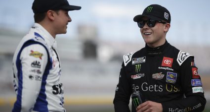 LAS VEGAS, NEVADA - MARCH 04: Ty Gibbs, driver of the #54 He Get us Toyota, (R) and Christopher Bell, driver of the #20 SiriusXM Toyota, talk on the grid during practice for the NASCAR Cup Series Pennzoil 400 at Las Vegas Motor Speedway on March 04, 2023 in Las Vegas, Nevada. (Photo by Chris Graythen/Getty Images) | Getty Images