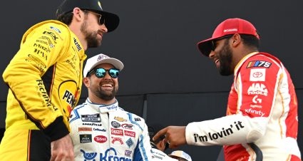LEBANON, TENNESSEE - JUNE 25: (L-R) Ryan Blaney, driver of the #12 Menards/Pennzoil Ford, Ricky Stenhouse Jr., driver of the #47 Kroger/Ball Park Buns Chevrolet, and Bubba Wallace, driver of the #23 McDonald's Toyota, talk backstage during pre-race ceremonies prior to the NASCAR Cup Series Ally 400 at Nashville Superspeedway on June 25, 2023 in Lebanon, Tennessee. (Photo by Logan Riely/Getty Images) | Getty Images