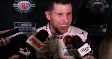 CHARLOTTE, NORTH CAROLINA - AUGUST 31: NASCAR Cup Series driver Denny Hamlin speaks with the media during the NASCAR Cup Series Playoff Media Day at Charlotte Convention Center on August 31, 2023 in Charlotte, North Carolina. (Photo by Jared C. Tilton/Getty Images) | Getty Images