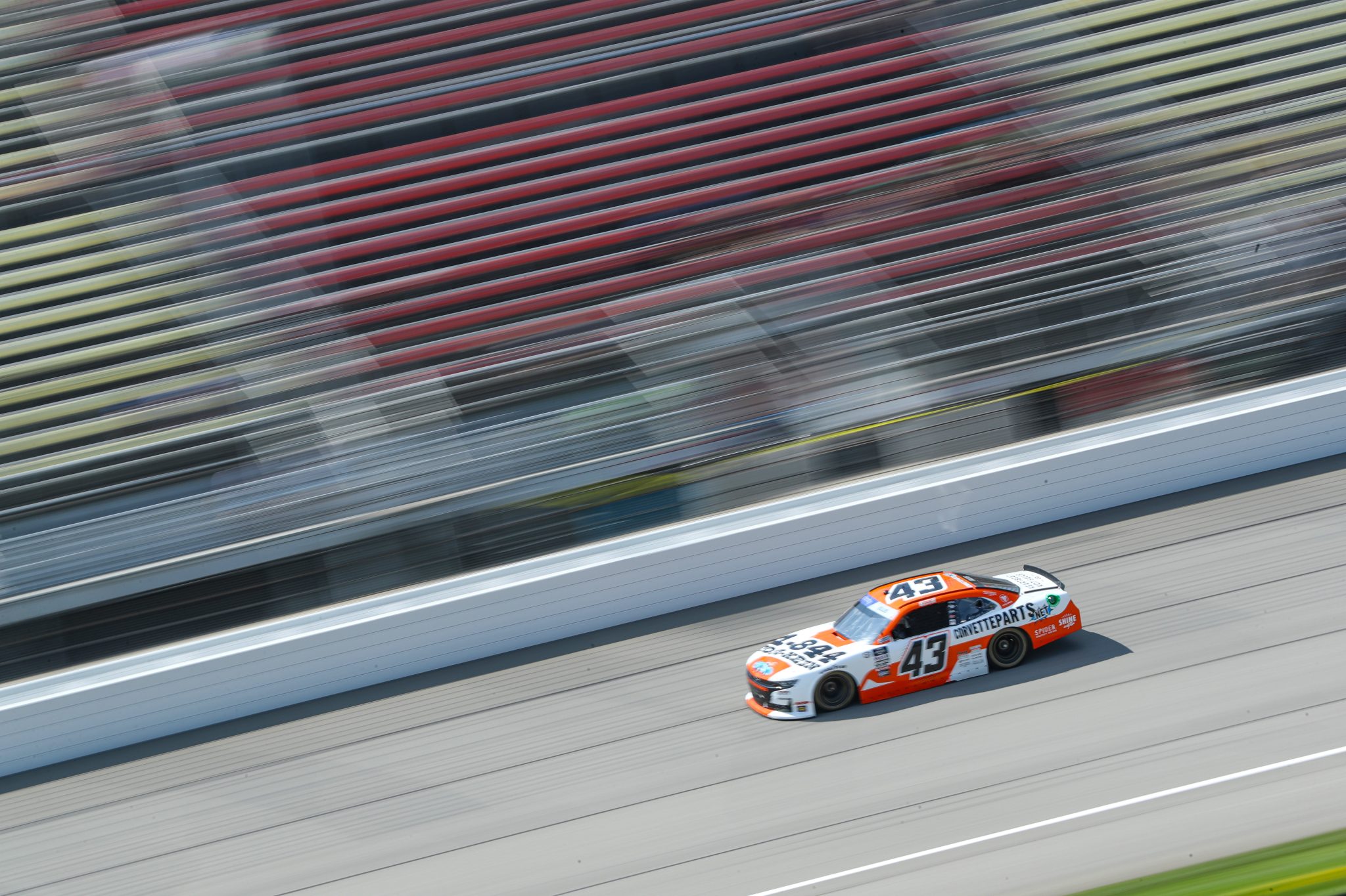 BROOKLYN, MICHIGAN - AUGUST 04: Ryan Ellis, driver of the #43 1-844-TOM-KEEN Chevrolet, drives during qualifying for the NASCAR Xfinity Series Cabo Wabo 250 at Michigan International Speedway on August 04, 2023 in Brooklyn, Michigan. (Photo by Meg Oliphant/Getty Images) | Getty Images