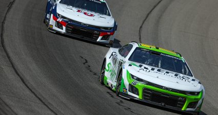 BROOKLYN, MICHIGAN - AUGUST 05: AJ Allmendinger, driver of the #16 Farmsmart Chevrolet, and William Byron, driver of the #24 Liberty University Chevrolet, drive during practice for the NASCAR Cup Series FireKeepers Casino 400  at Michigan International Speedway on August 05, 2023 in Brooklyn, Michigan. (Photo by Jonathan Bachman/Getty Images) | Getty Images