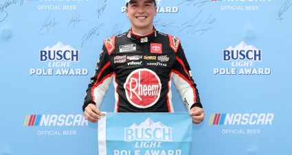 BROOKLYN, MICHIGAN - AUGUST 05: Christopher Bell, driver of the #20 Rheem Toyota, poses for photos after winning the pole award during qualifying for the NASCAR Cup Series FireKeepers Casino 400  at Michigan International Speedway on August 05, 2023 in Brooklyn, Michigan. (Photo by Meg Oliphant/Getty Images) | Getty Images