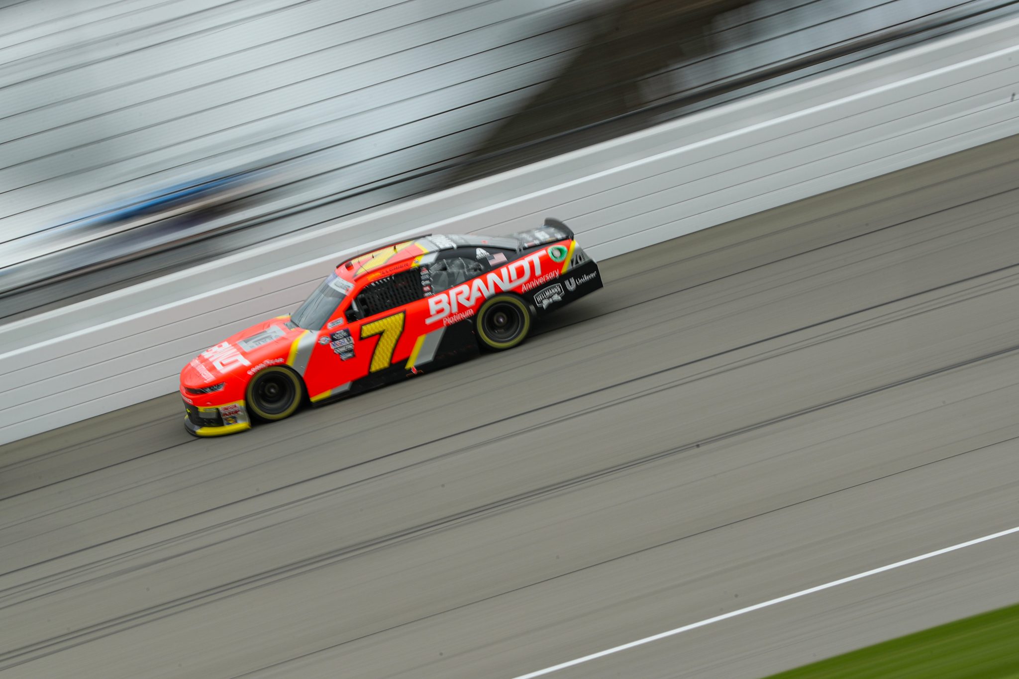 BROOKLYN, MICHIGAN - AUGUST 05: Justin Allgaier, driver of the #7 BRANDT Chevrolet, drives during the NASCAR Xfinity Series Cabo Wabo 250 at Michigan International Speedway on August 05, 2023 in Brooklyn, Michigan. (Photo by Meg Oliphant/Getty Images) | Getty Images