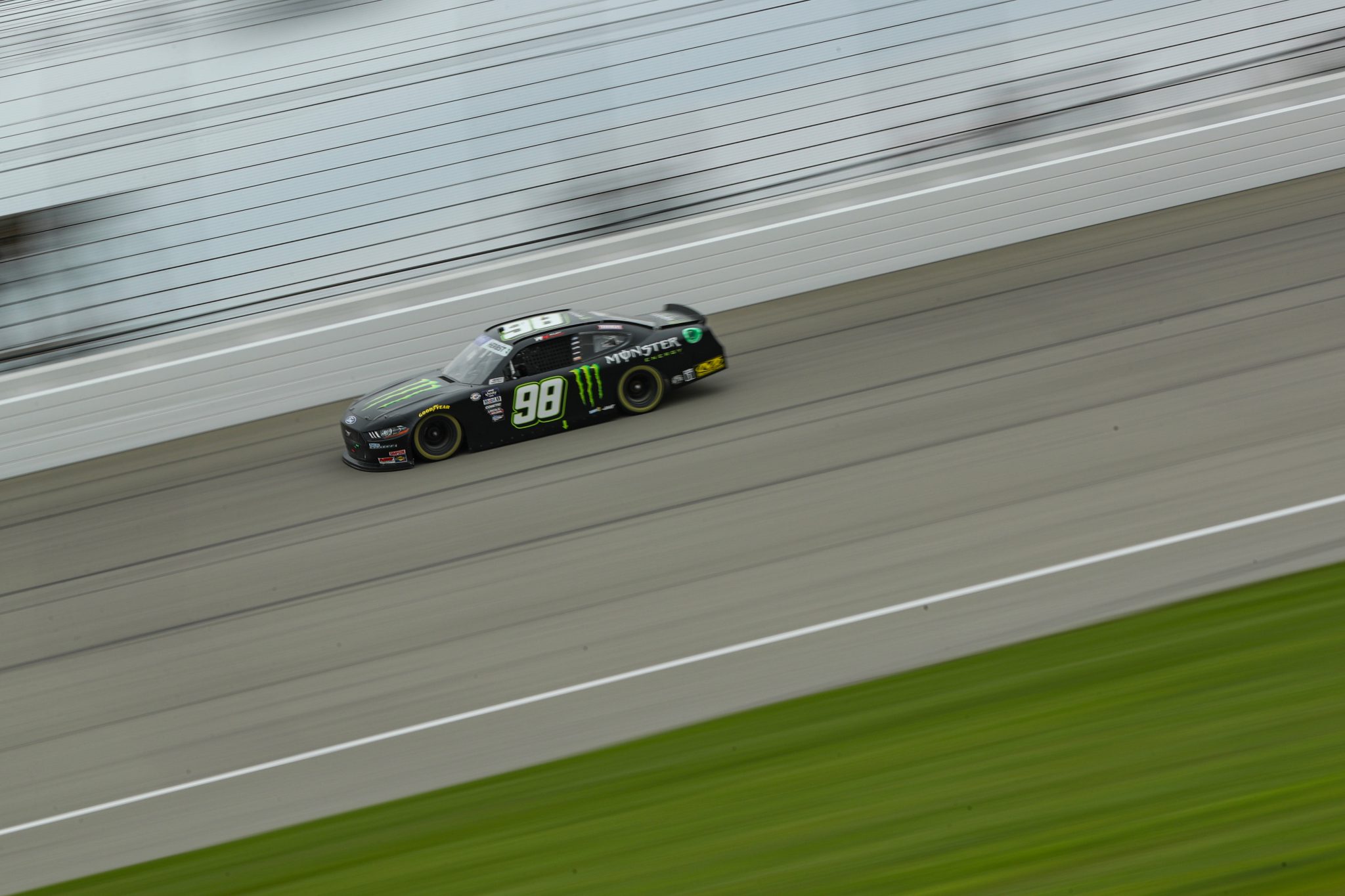 BROOKLYN, MICHIGAN - AUGUST 05: Riley Herbst, driver of the #98 Monster Energy Ford, drives during the NASCAR Xfinity Series Cabo Wabo 250 at Michigan International Speedway on August 05, 2023 in Brooklyn, Michigan. (Photo by Meg Oliphant/Getty Images) | Getty Images