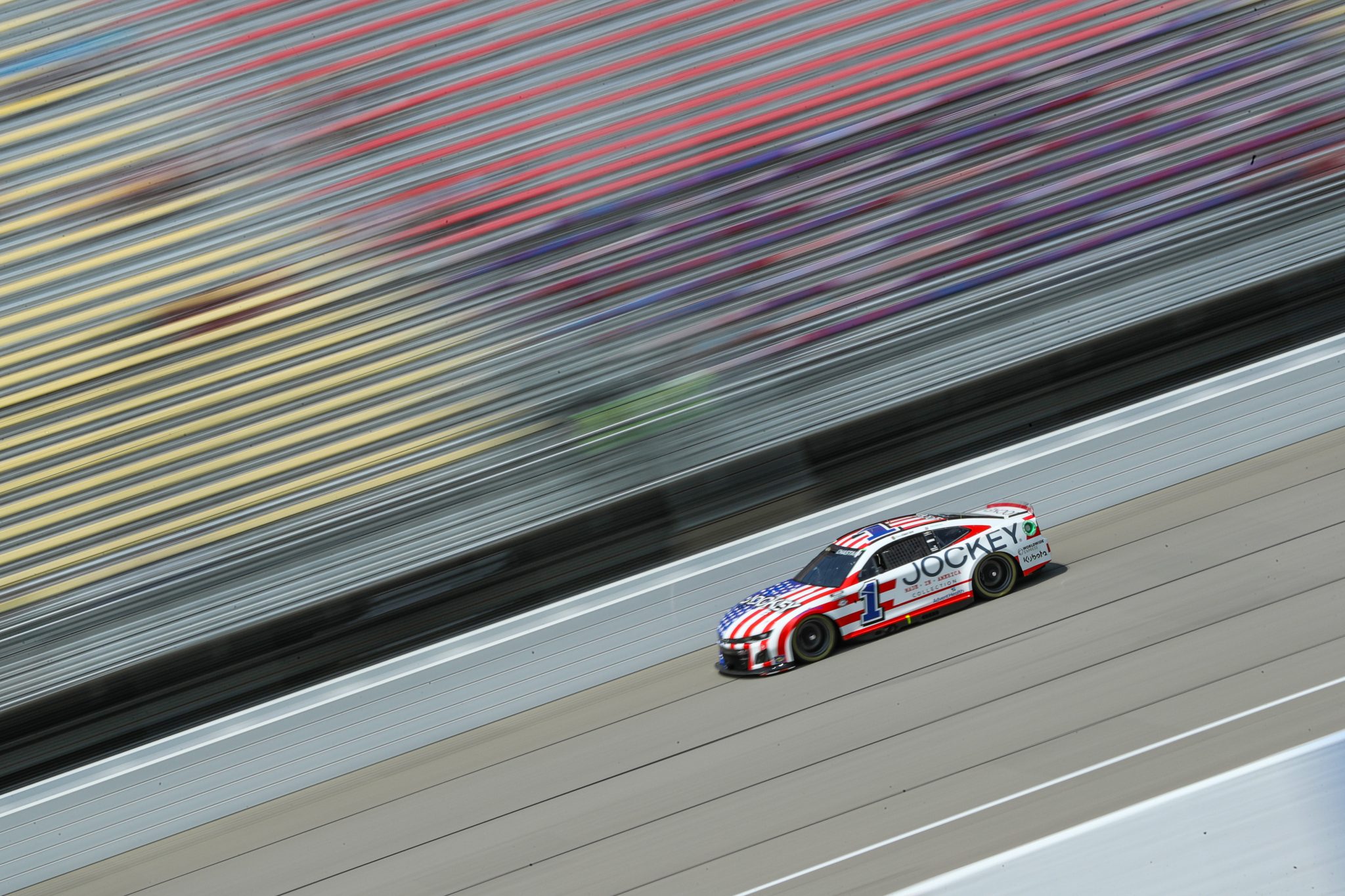 BROOKLYN, MICHIGAN - AUGUST 05: Ross Chastain, driver of the #1 Jockey Chevrolet, drives during practice for the NASCAR Cup Series FireKeepers Casino 400 at Michigan International Speedway on August 05, 2023 in Brooklyn, Michigan. (Photo by Meg Oliphant/Getty Images) | Getty Images