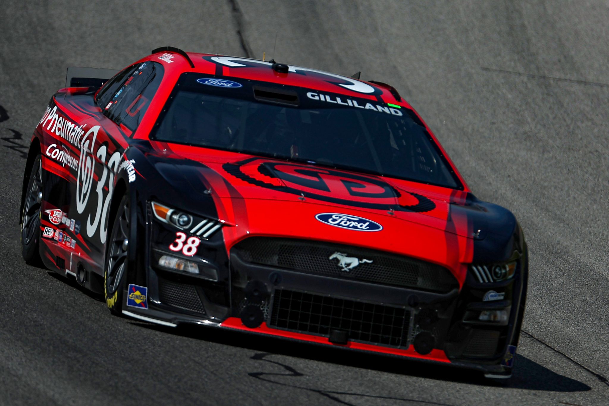 BROOKLYN, MICHIGAN - AUGUST 05: Todd Gilliland, driver of the #38 Chicago Pneumatic Compressors Ford, drives during practice for the NASCAR Cup Series FireKeepers Casino 400 at Michigan International Speedway on August 05, 2023 in Brooklyn, Michigan. (Photo by Jonathan Bachman/Getty Images) | Getty Images