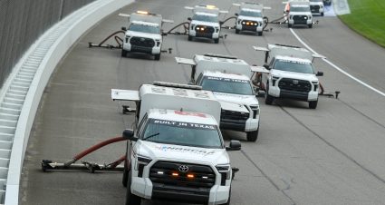 BROOKLYN, MICHIGAN - AUGUST 06: NASCAR Track Drying Team works to dry the track during a weather delay prior to the NASCAR Cup Series FireKeepers Casino 400 at Michigan International Speedway on August 06, 2023 in Brooklyn, Michigan. (Photo by Meg Oliphant/Getty Images) | Getty Images