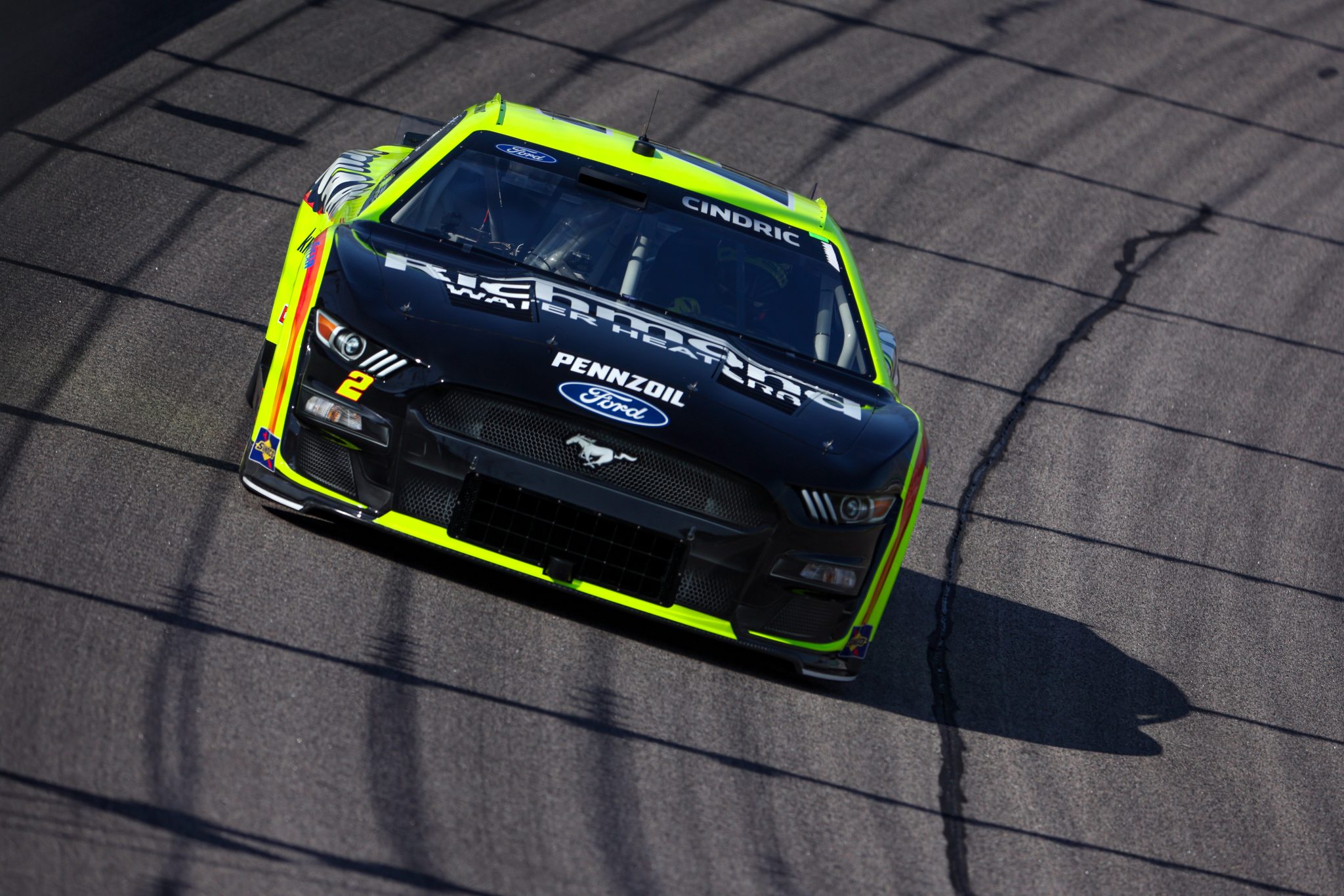 KANSAS CITY, KANSAS - SEPTEMBER 09: Austin Cindric, driver of the #2 Menards/Richmond Water Heaters Ford, drives during practice for the NASCAR Cup Series Hollywood Casino 400 at Kansas Speedway on September 09, 2023 in Kansas City, Kansas. (Photo by Jamie Squire/Getty Images) | Getty Images