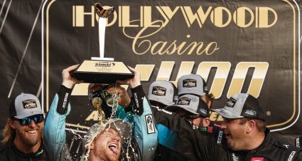 KANSAS CITY, KANSAS - SEPTEMBER 10: Tyler Reddick MoneyLion Toyota, driver of the #45 23XI Racing, celebrates in victory lane after winning the NASCAR Cup Series Hollywood Casino 400 at Kansas Speedway on September 10, 2023 in Kansas City, Kansas. (Photo by Sean Gardner/Getty Images) | Getty Images