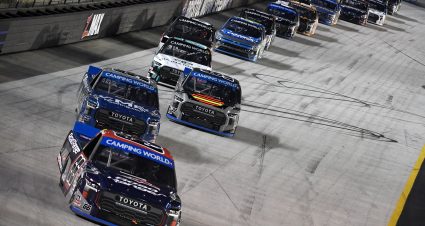 BRISTOL, TENNESSEE - SEPTEMBER 15: Ty Majeski, driver of the #66 Road Ranger Toyota, leads the field during the NASCAR Camping World Truck Series UNOH 200 at Bristol Motor Speedway on September 15, 2022 in Bristol, Tennessee. (Photo by Logan Riely/Getty Images) | Getty Images