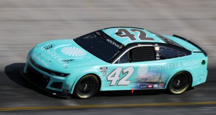 BRISTOL, TENNESSEE - SEPTEMBER 15: Carson Hocevar, driver of the #42 Sunseeker Resort Chevrolet, drives during practice for the NASCAR Cup Series Bass Pro Shops Night Race at Bristol Motor Speedway on September 15, 2023 in Bristol, Tennessee. (Photo by Meg Oliphant/Getty Images) | Getty Images