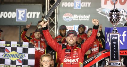 BRISTOL, TENNESSEE - SEPTEMBER 15: Justin Allgaier, driver of the #7 BRANDT Chevrolet, celebrates with his daughter, Harper Allgaier in victory lane after winning the NASCAR Xfinity Series Food City 300 at Bristol Motor Speedway on September 15, 2023 in Bristol, Tennessee. (Photo by Jared C. Tilton/Getty Images) | Getty Images