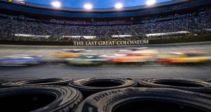 BRISTOL, TENNESSEE - SEPTEMBER 16: A general view of racing during the NASCAR Cup Series Bass Pro Shops Night Race at Bristol Motor Speedway on September 16, 2023 in Bristol, Tennessee. (Photo by Meg Oliphant/Getty Images) | Getty Images