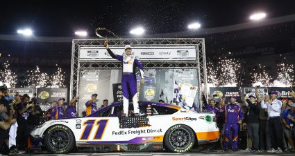 BRISTOL, TENNESSEE - SEPTEMBER 16: Denny Hamlin, driver of the #11 FedEx Freight Direct Toyota, celebrates in victory lane after winning the NASCAR Cup Series Bass Pro Shops Night Race at Bristol Motor Speedway on September 16, 2023 in Bristol, Tennessee. (Photo by Jared C. Tilton/Getty Images) | Getty Images