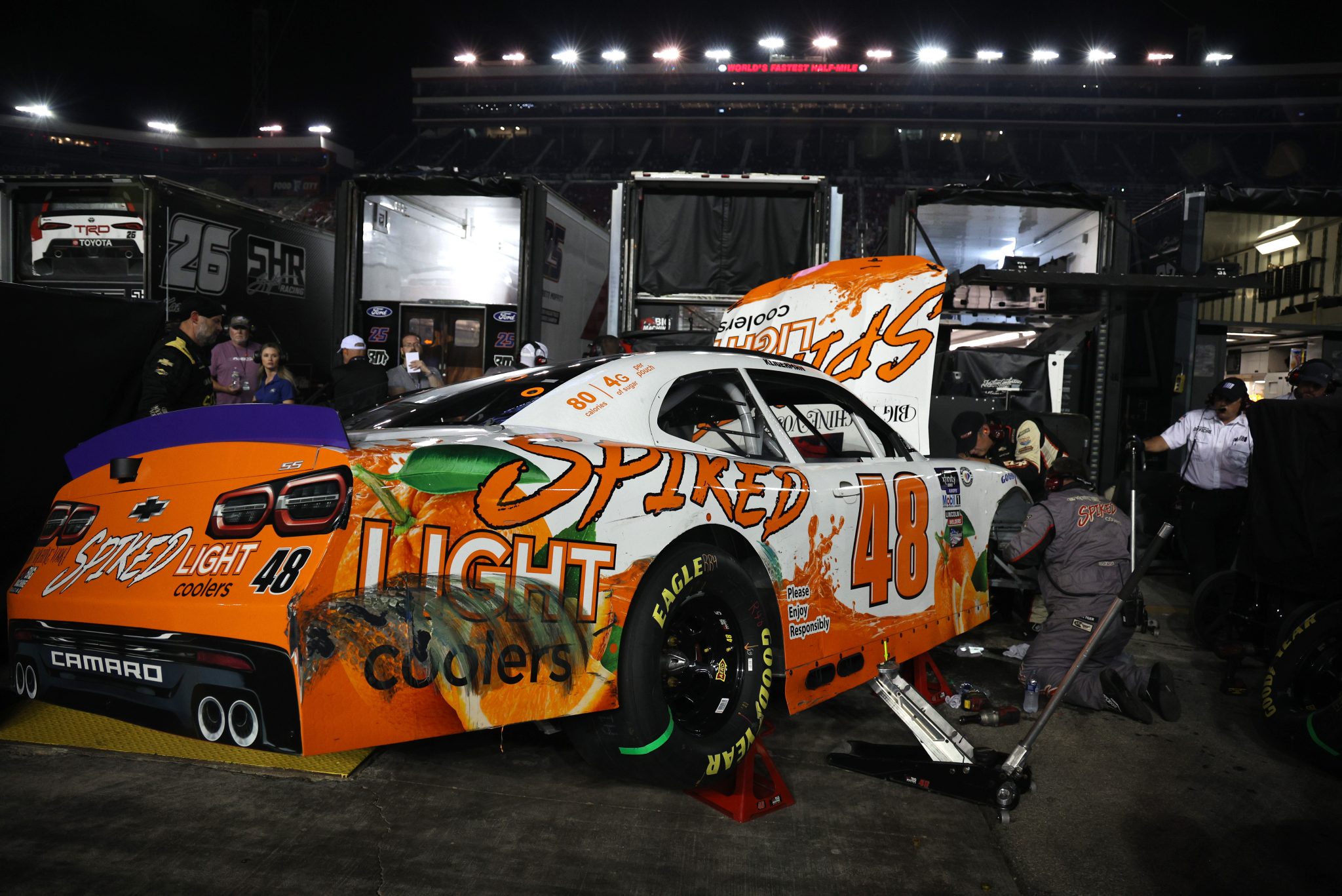 BRISTOL, TENNESSEE - SEPTEMBER 15: Crew members repair the #48 Spiked Light Coolers Chevrolet, driven by Parker Kligerman in the garage area during the NASCAR Xfinity Series Food City 300 at Bristol Motor Speedway on September 15, 2023 in Bristol, Tennessee. (Photo by Jared C. Tilton/Getty Images) | Getty Images
