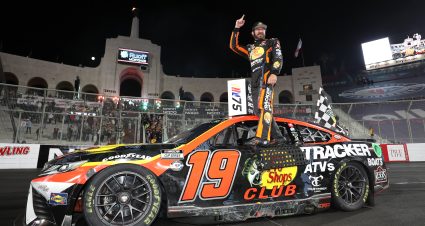 LOS ANGELES, CALIFORNIA - FEBRUARY 05: Martin Truex Jr., driver of the #19 Bass Pro Shops Toyota, celebrates after winning the NASCAR Clash at the Coliseum at Los Angeles Memorial Coliseum on February 05, 2023 in Los Angeles, California. (Photo by Meg Oliphant/Getty Images) | Getty Images
