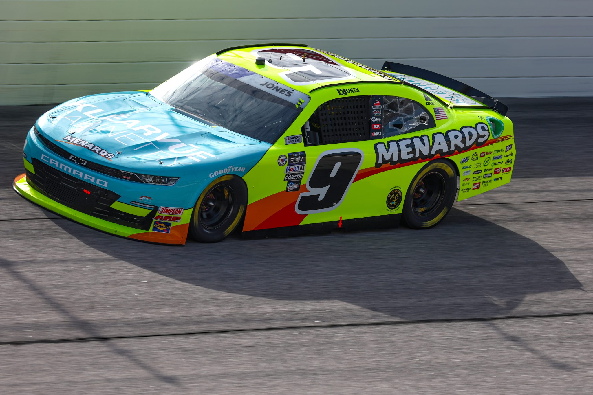 DARLINGTON, SOUTH CAROLINA - SEPTEMBER 02: Brandon Jones, driver of the #9 Menards/Klearvue Cabinetry Chevrolet, drives during practice for the NASCAR Xfinity Series Sport Clips Haircuts VFW Help A Hero 200 at Darlington Raceway on September 02, 2023 in Darlington, South Carolina. (Photo by Jared C. Tilton/Getty Images) | Getty Images